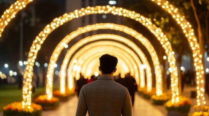 Connaught Place adorned with Diwali lights, illuminated arches, and floral decorations as people gather for the festival 