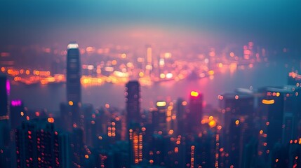 Blurred Cityscape at Dusk with a Tall Building in the Foreground