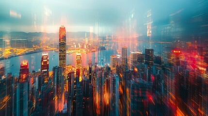 Fototapeta premium Hong Kong Skyline with Blurred Light Trails and Reflections