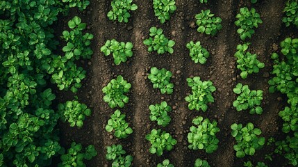 Aerial View of Rows of Green Plants Growing in Dark Soil