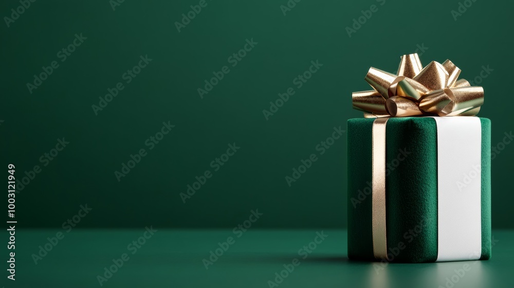 Canvas Prints Cylinder gift box with velvet wrapping and a large gold foil bow isolated on a rich emerald background 