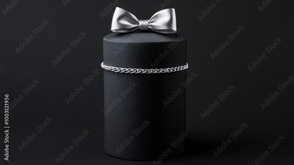 Canvas Prints Cylindrical gift box made of textured fabric with a silver chain bow isolated on a charcoal black background 