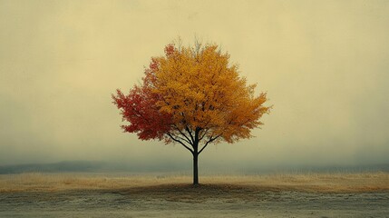 A Single Tree with Red and Yellow Leaves in a Foggy Field