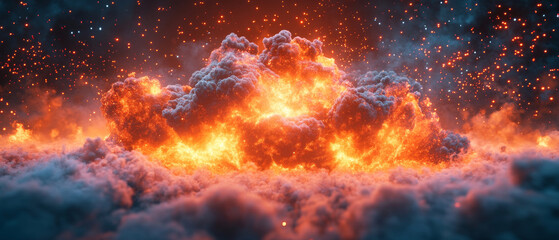stunning hologram display of explosion with vibrant flames and fiery clouds, creating dramatic and intense atmosphere. scene captures raw power of fire and smoke