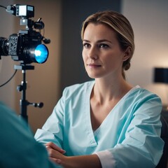 Fototapeta premium In einem Behandlungszimmer einer Praxis sitzt eine junge blonde Frau, sie hat einen Schutzkittel an, 