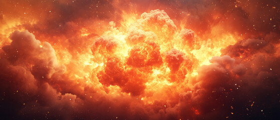 Naklejka premium dramatic explosion with vibrant flames and thick smoke fills scene, creating powerful visual impact. fiery colors and billowing clouds evoke sense of intensity and chaos