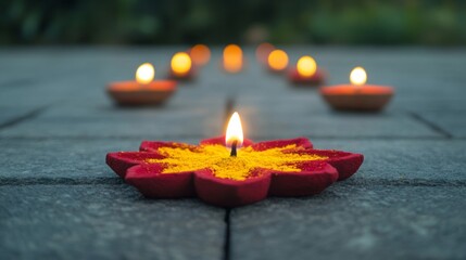Diya-shaped Rangoli design made with bright red and yellow powders illuminated by small clay lamps for Diwali 