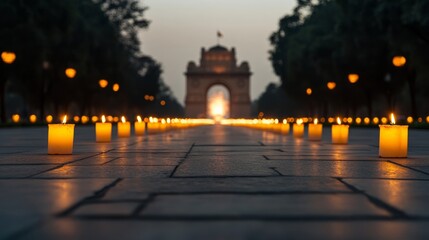Obraz premium Diwali lanterns and lights illuminating India Gate as fireworks explode in the distance symbolizing hope and joy 