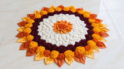 Eco-friendly Rangoli design using natural materials like rice, grains, and flower petals arranged in symmetrical patterns 