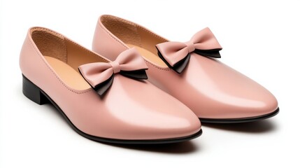 Fototapeta premium Elegant pair of ballet flats on a white background, soft blush pink leather with delicate bows, simple and classic design 