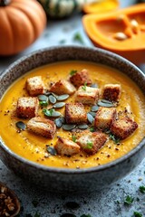 Pumpkin soup with cream, seeds, crackers and cinnamon. Autumn decor on table, orange squash in background. Healthy Halloween food