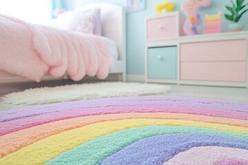 Photo of a girl's bedroom with a rainbow rug, featuring pink and purple pastel colors.