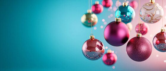 Colorful Christmas ornaments hang against vibrant blue background, creating festive and joyful atmosphere. These decorative elements add touch of holiday spirit to any setting