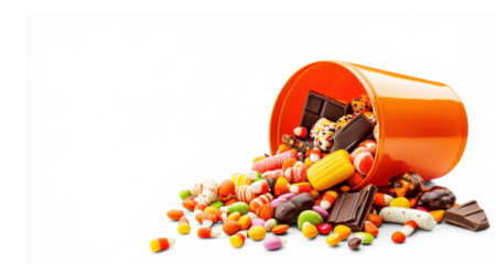 Halloween candy spills from orange bucket on transparent background