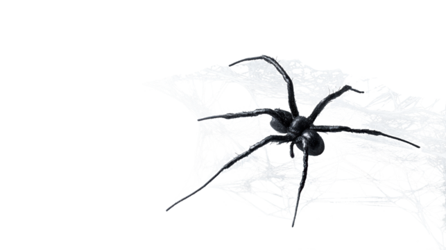 Halloween black spider on web, transparent background