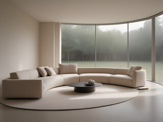 Minimalist Modern Living Room with Curved Sofa and Wooden Accents