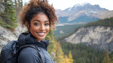 Portrait of a Woman Hiking in the Mountains, Smiling with Curly Hair, Overlooking a Valley