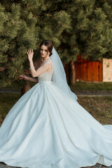 A woman in a white wedding dress is standing in front of a tree. She is wearing a veil and a necklace