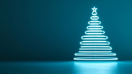 Fototapeta premium Futuristic Christmas tree crafted from neon tubes and transparent glass spheres isolated on a gradient blue background 