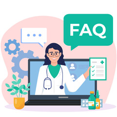 FAQ on the website of a medical clinic, a female doctor in a lab coat and with a stethoscope - ready to answer questions