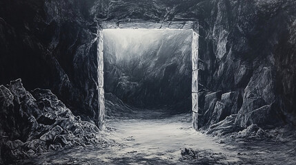 Fototapeta premium Hyper-realistic square mine portal drawing with repetitive geometric design and stone textures, creating a deep tunnel effect in black and white shading.