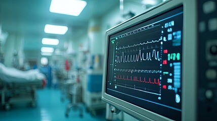 Heart Rate Monitor Displaying Vital Signs in a Hospital Room