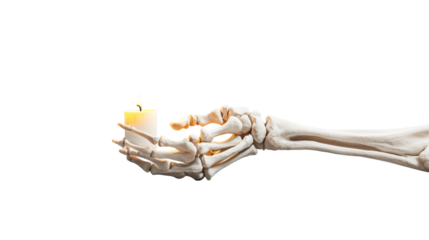Halloween Skeleton Hand with Lit Candle on Transparent Background