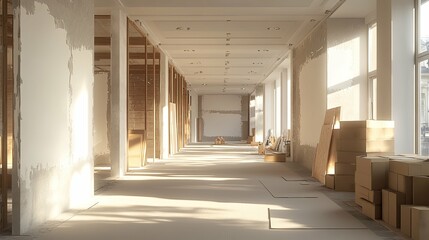 Empty Room Under Construction with Sunlit Windows and Cardboard Boxes