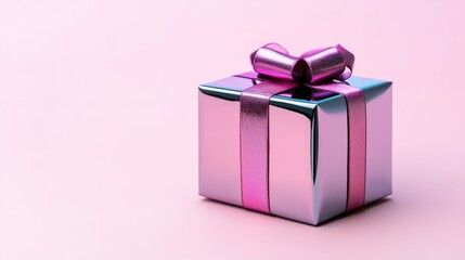 Hexagonal mirrored gift box with shimmering surface and velvet ribbon isolated on a soft pastel gradient background 