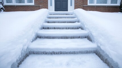 Icy steps leading to a front door covered in snow winter entrance safety concerns 
