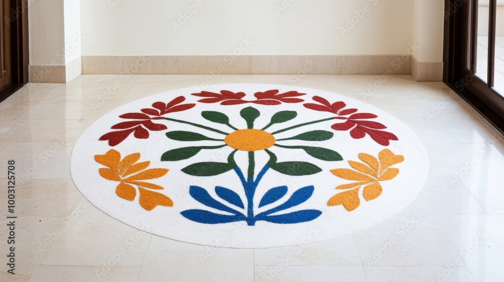 Wall mural Intricate circular Rangoli design with vibrant colors and floral patterns on a white marble floor festive decor 