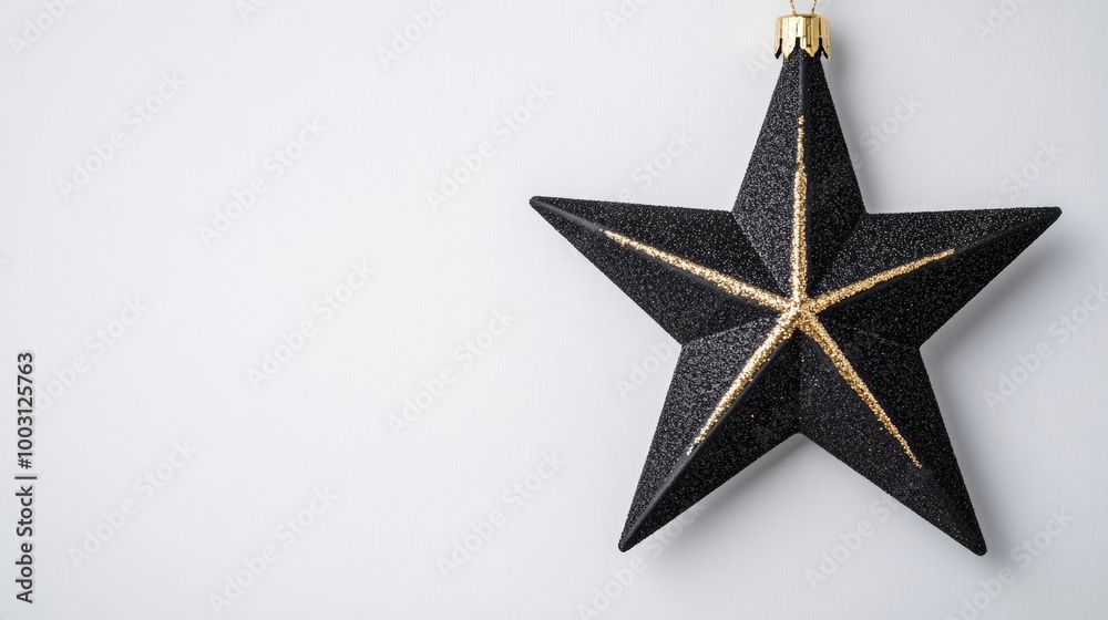 Poster Isolated black Christmas star with glittering gold accents, hanging against a soft white background, space for text 