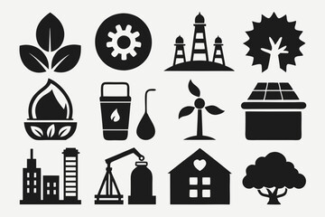Naklejka premium A set of flat Environment Icon flat design style set silhouette black Vector art illustration