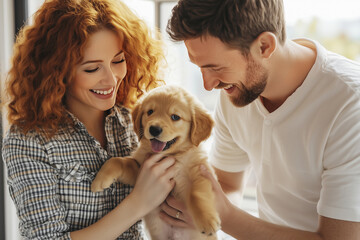 Happy man and woman holding golden retriever puppy in their arms.