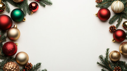 Isolated Christmas tree ornaments in red, gold, and green on a white background, festive lights, and garlands, space for text 