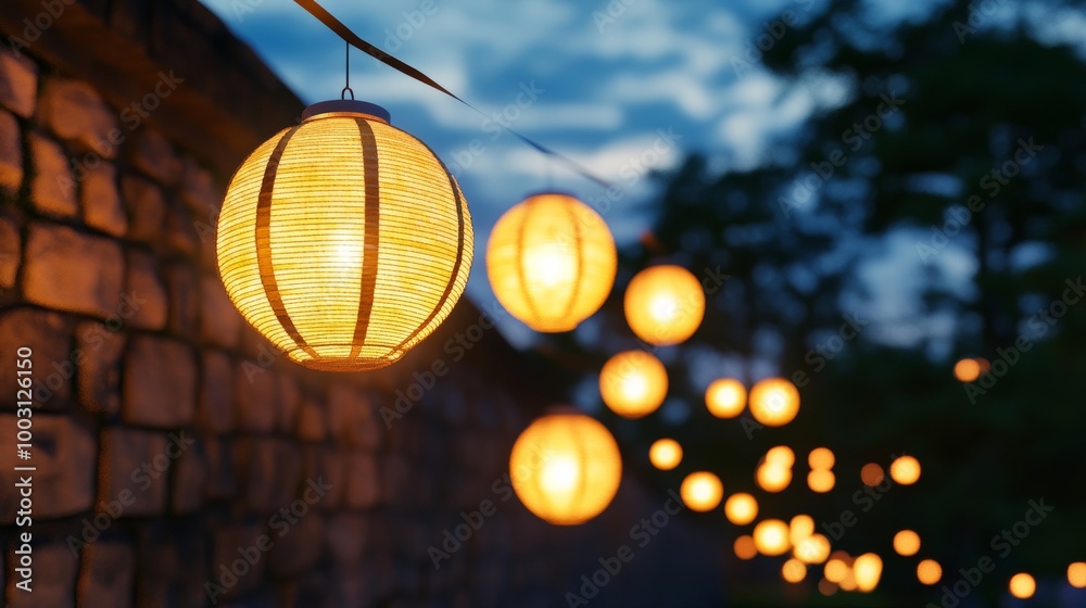 Wall mural Lanterns floating high above Chiang Mai’s old city walls during Yi Peng, with twinkling stars and the night sky blending with the glowing lights 