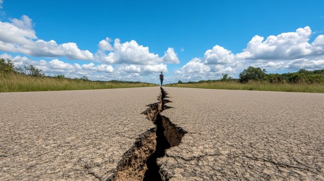 Large crack opening up in a road after a severe earthquake dangerous ground rupture 