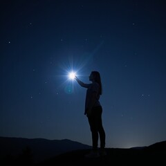Fototapeta premium Figure stretches towards a distant star amidst the night sky symbolizing aspirations and chasing dreams