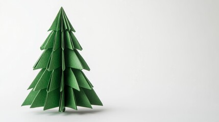 Minimalist Christmas tree made of folded origami paper in vibrant greens isolated on a blank white background 