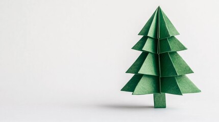 Obraz premium Minimalist Christmas tree made of folded origami paper in vibrant greens isolated on a blank white background 