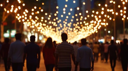 Mumbai streets bustling with Diwali shoppers, decorated with glowing lanterns and fairy lights in every corner festive energy 