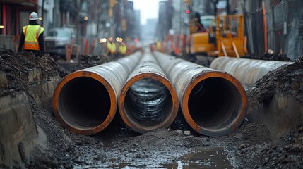 Three Large Pipes Laid in a Trench During Urban Construction