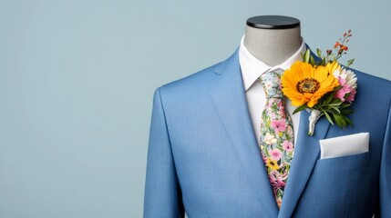 Stylish Blue Suit with Floral Accents and Accessories