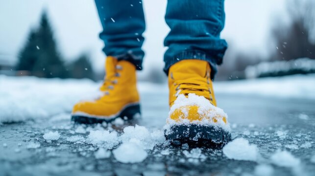 Person using salt to melt ice on a slippery driveway winter de-icing routine 