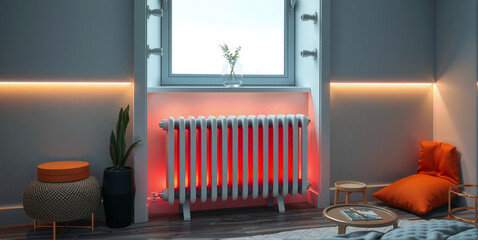 conceptual representation of a radiator that radiates heat and heats the living space, central heating and costs for energy supply