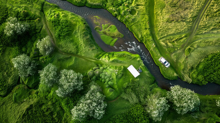 Aerial view of a grassy field with a small river running through it a camping car on the side