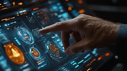 Hand Interacting with Futuristic Interface Displaying Data