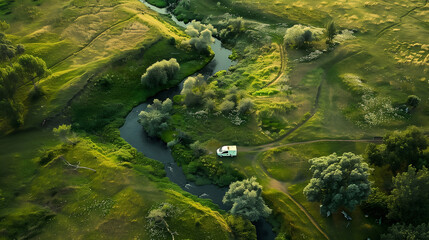 Aerial view of a grassy field with a small river running through it a camping car on the side
