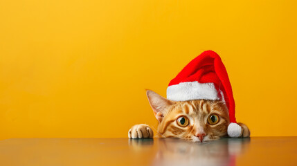 A ginger tabby cat in a red Santa hat peeking out from behind a table. Yellow background. Space for text.