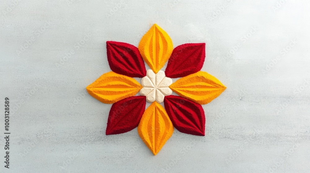 Wall mural simple geometric rangoli design using colored powders in red, orange, and yellow isolated on a smoot